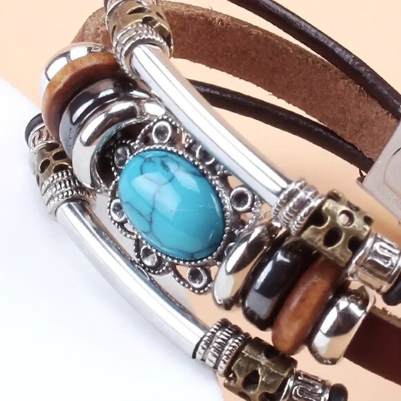 Bracelet Turquoise Bead Leather Cuff Wrist Bangle Boho Native Trendy Stylish - Picture 2 of 4